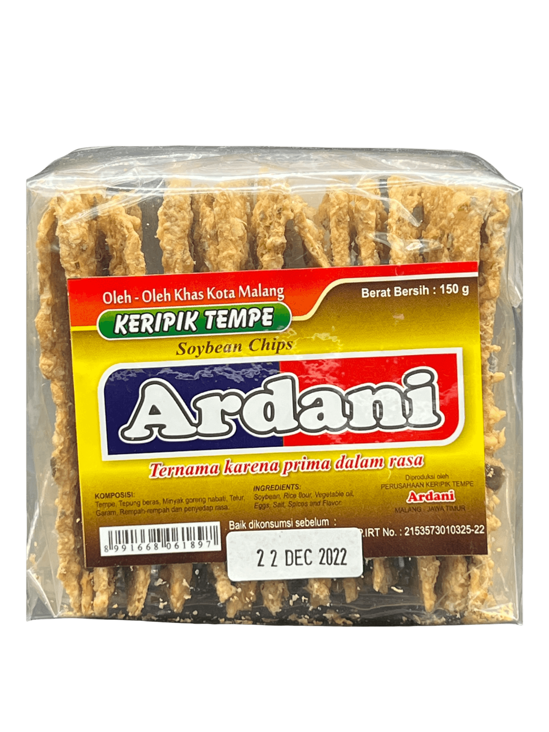 Nesia Ardani Tempeh Chips, knusprige Tempeh-Snacks mit goldener Farbe und knuspriger Textur auf weißem Hintergrund.