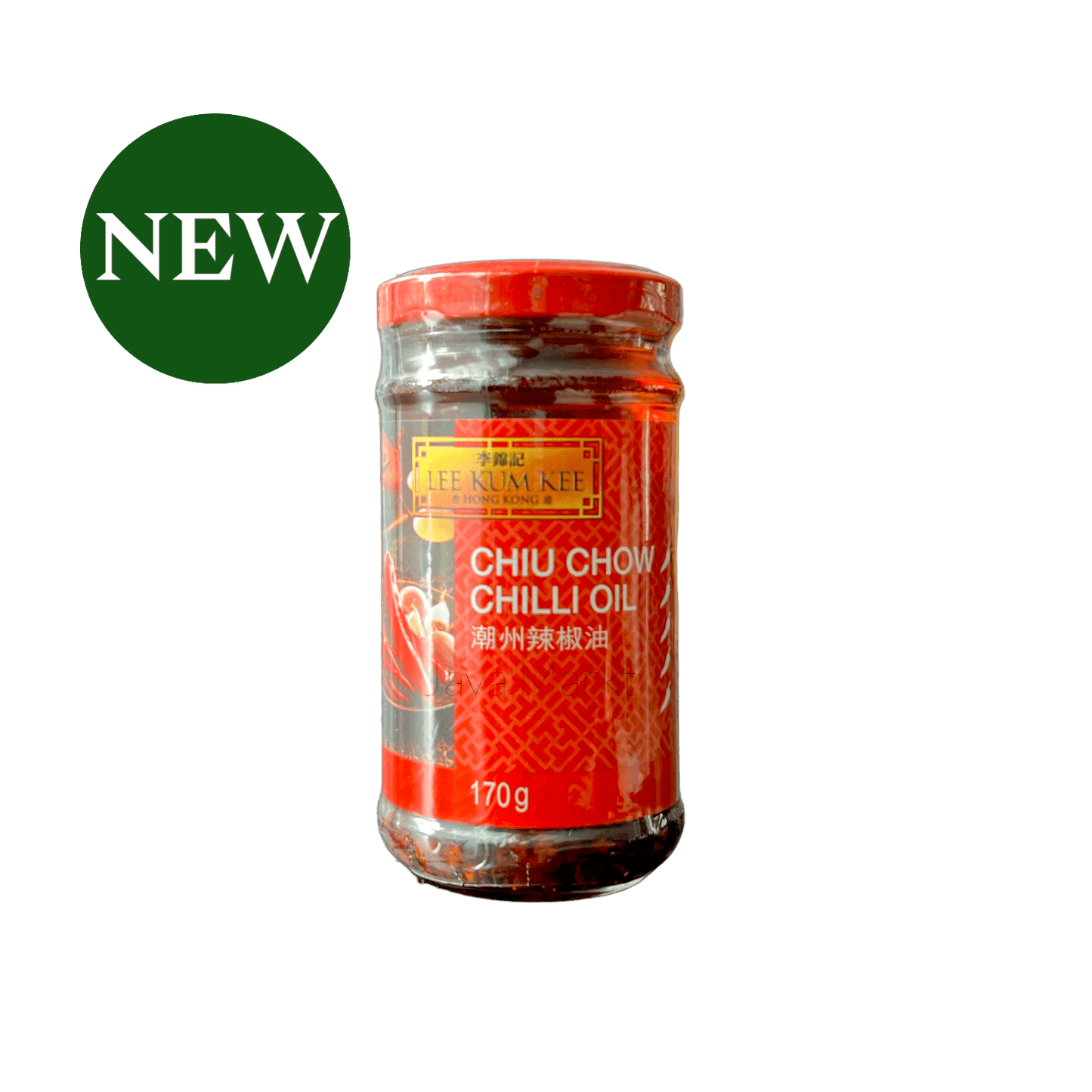 Chiliöl von Lee Kum Kee in einer Flasche, scharfe Chilisauce mit rotem Öl, ideal für asiatische Gerichte, präsentiert in der Flasche