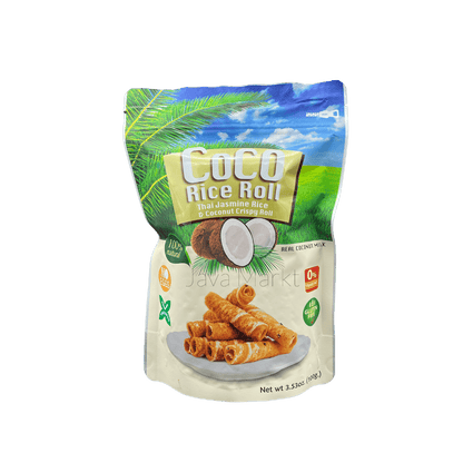 Coco Crispy Rice Roll Kekse von Oriental Merchant mit Kokosgeschmack, knusprig und goldbraun, auf weißem Hintergrund.