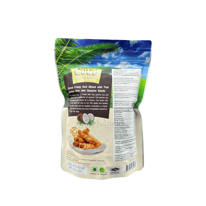 Coco Crispy Rice Roll Kokosnuss Kekse von Oriental Merchant auf weißem Hintergrund, knusprige Kokosriegel mit Reisbuffet.