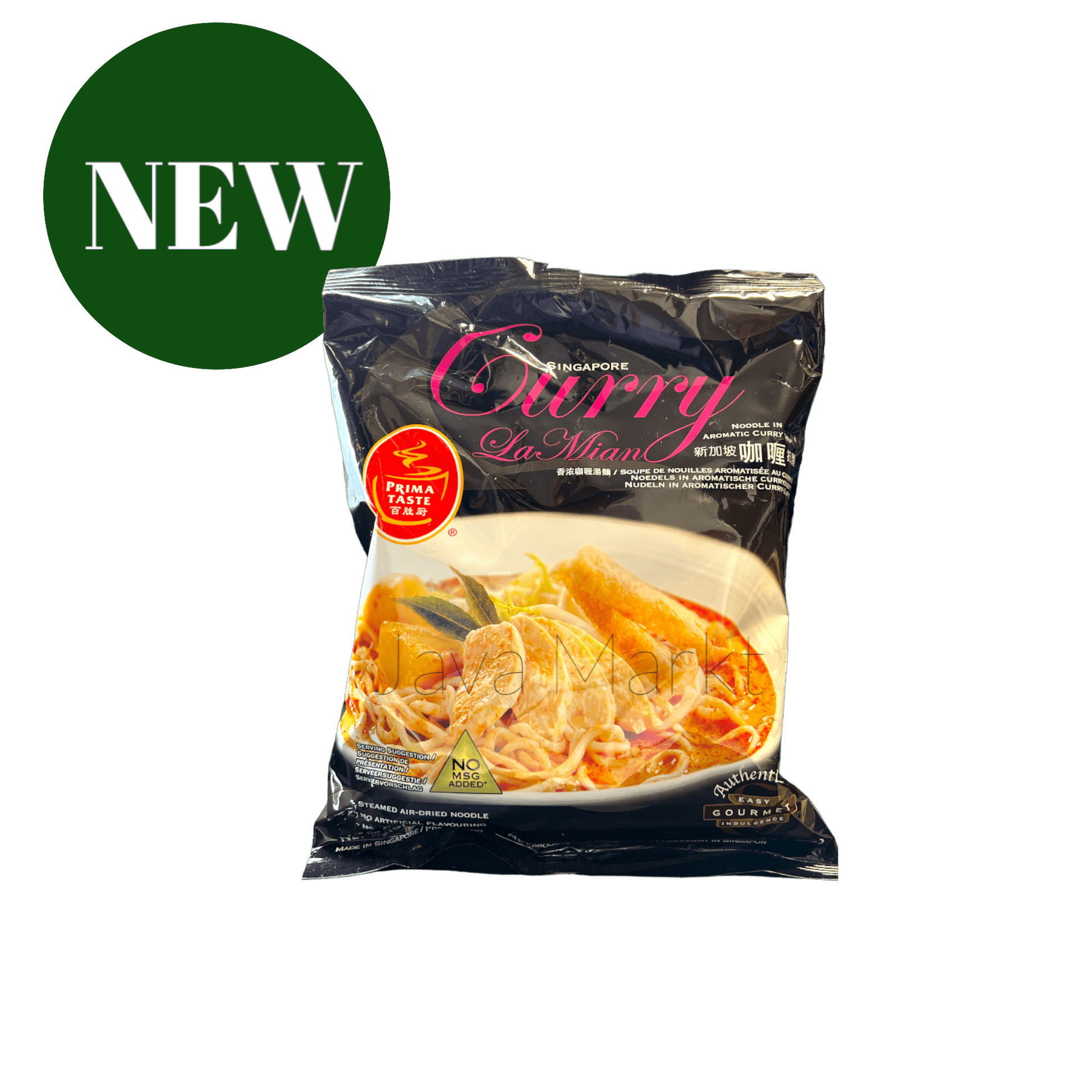 Prima Taste Curry La Mian Pasta von Oriental Merchant, gekochte Nudeln mit Curry-Geschmack auf weißem Hintergrund