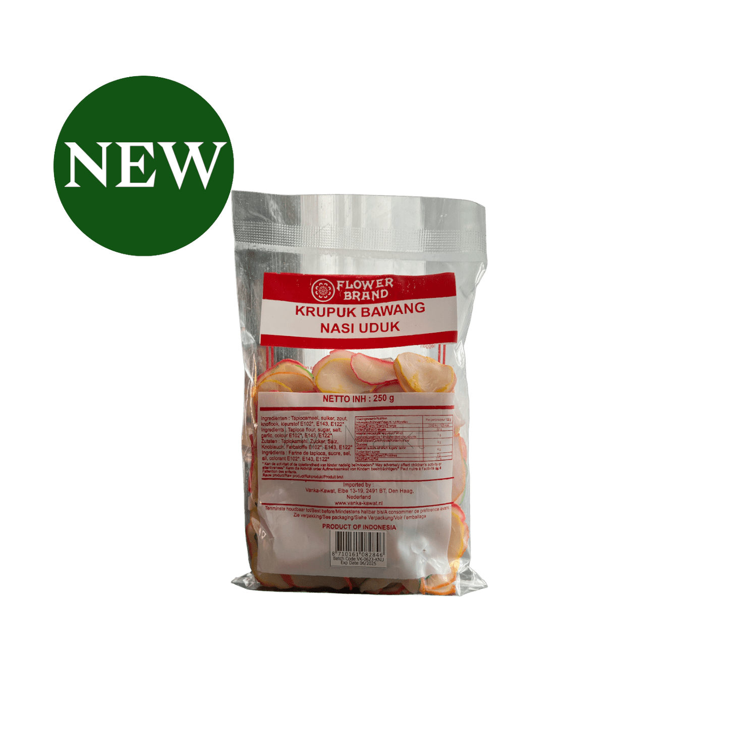 Vanka Kawat Chips Kerupuk Bawang Nasi Uduk, knusprige indonesische Kartoffelchips mit Zwiebelgeschmack, in Verpackung mit Flower Brand.