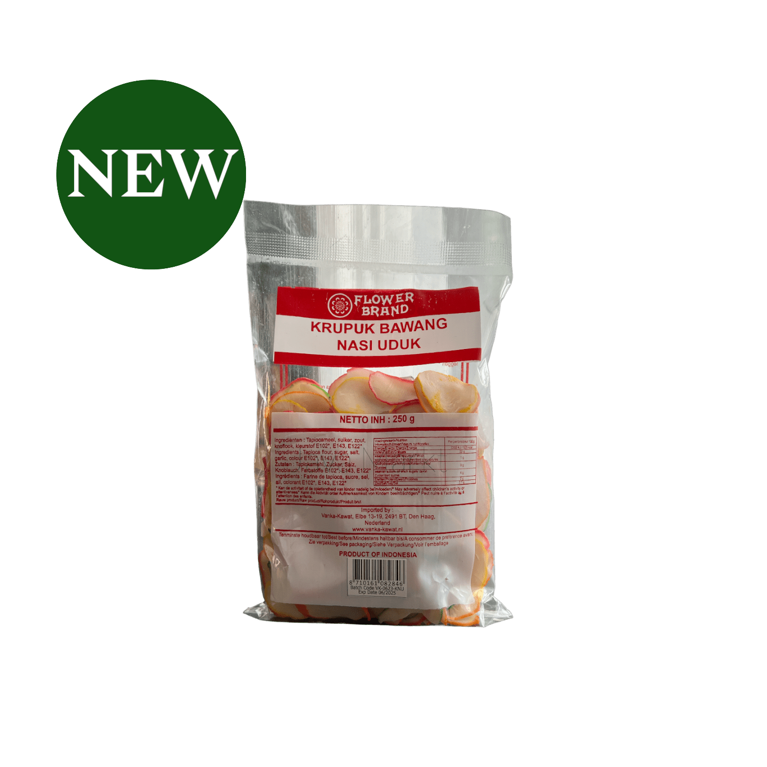 Vanka Kawat Chips Kerupuk Bawang Nasi Uduk, knusprige indonesische Kartoffelchips mit Zwiebelgeschmack, in Verpackung mit Flower Brand.