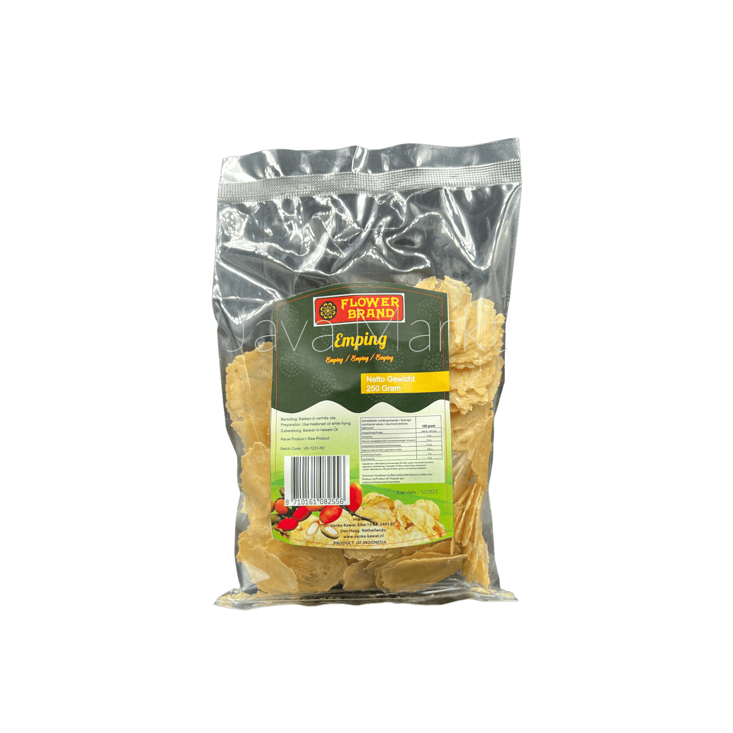 Vanka Kawat Emping Flower Lebensmittel, knusprige, goldene Emping-Snack in einer Verpackung mit blumigem Design